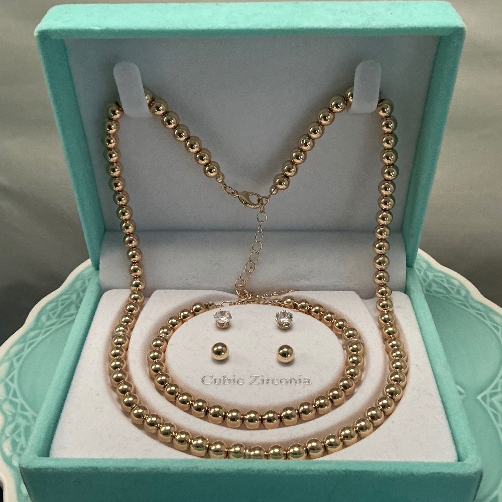 Gold Tone Beaded Jewelry Set in Original Box | Necklace Bracelet Earrings